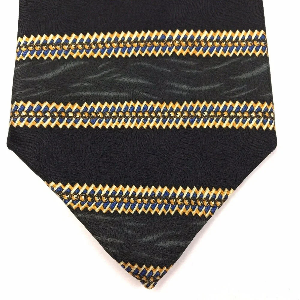 Metropolitan Museum Of Art Black Gray Blue Yellow Abstract Striped Silk Necktie